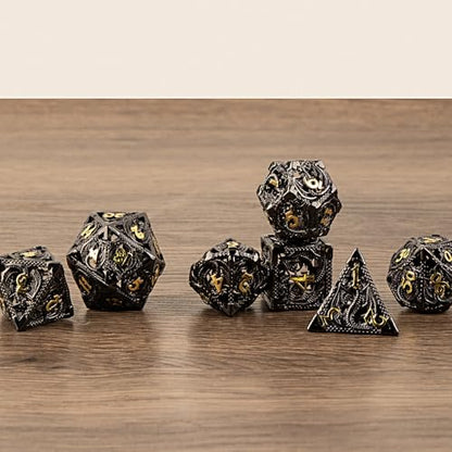7PCS DND Dice Set, Premium Hollow Metal Polyhedral Dice with Treasure Chest & Dice Bag, Gift for Men & Women, Dungeons and Dragons, TTRPG RPG Tabletop Games (Black) - color: Black