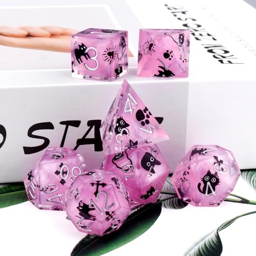 Haxtec Cat DND Dice Set, Purple Sharp Edge Resin Polyhedral RPG Dice | Cartoon Pattern Kitty, Handmade D&D Dice with Metal Case, Dungeons and Dragons, Role Playing Games, TTRPG DND Gifts - color: Purple Black