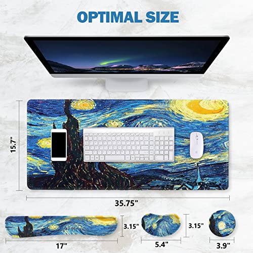 ToLuLu Large Mouse Pad, Memory Foam Keyboard Mouse Wrist Rest Support Set | Ergonomic Desk Mat with Stitched Edges, Gaming Extended Non-Slip Base Mousepad for Home Office, Van Gogh Starry Night - color: Van Gogh Starry Night