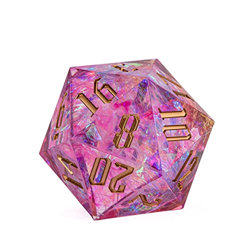 Cusdie Single D20 DND Dice with Sharp Edges and Glitter Foil Inclusions, 20 Sided D&D Dice, 33mm Handcrafted, for Role Playing Game (Pink) - color: White