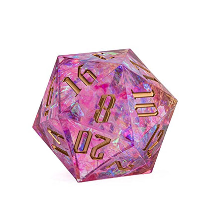 Cusdie Single D20 DND Dice with Sharp Edges and Glitter Foil Inclusions, 20 Sided D&D Dice, 33mm Handcrafted, for Role Playing Game (Pink) - color: White