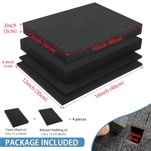 Coengwui Pick and Pluck Foam Inserts, Pre-Cubed Pick Apart Sheets for Crafts Toolbox Game Box Camera Cases Drawer Storage (2Pack 16 x 12 x 2" with 0.4" Bottom Padding)
