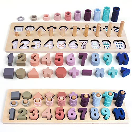 QZMTOY Counting Shape Stacker Wooden Count Sort Stacking Tower with Wood Colorful Number Shape Math Blocks for Kids Preschool Educational Toddlers Toy - color: Macaron