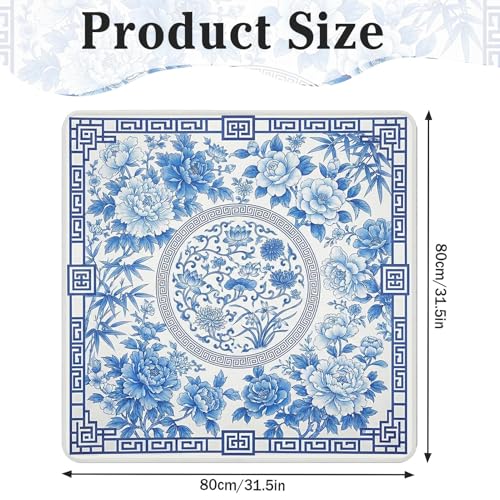 Britimes Mahjong Mat with Black Carrying Bag,31.5"x31.5", Blue Floral | Non-Slip Noise Reduction Gaming Mat Rubber Multi Purpose Game Table Cover for Mahjong Card Dominoes Board Tile Games - color: Blue Flowers Leaves