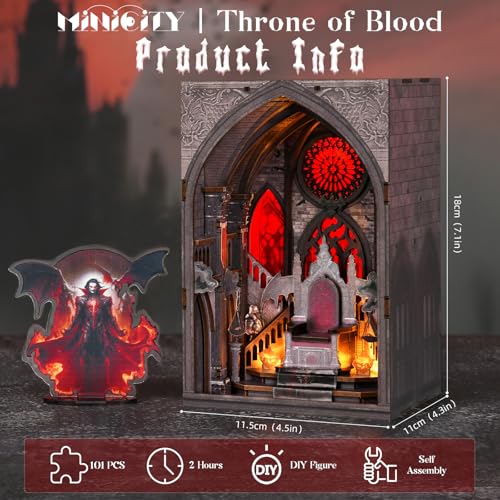 MiniCity Book Nook Kit, Gothic 3D Wooden Puzzle Dollhouse with LED Light, Laser Film Craft Book Shelf Insert Decor, 101Pcs DIY Assembly Model with Full Tools & Color Instruction - Throne of Blood | Wood/paper/plastic DIY model with LED lighting; 101 piece
