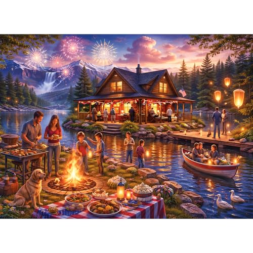 500 Piece Puzzles for Adults, 4th of July Jigsaw Puzzles 500 Pieces | 250 Anniversary Firework Celebration Jigsaw Puzzle, Lake Mountains Cabin Puzzles for Adults, American Flag Puzzle Toy Gift - color: Firework