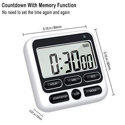 4-in-1 Digital Timer with Count Up/Down, Clock & Alarm, Ring & Silent Modes | Large 2.8-Inch easy-read LCD, On/Off switch, 24-Hour count up/down, Fast-forward function, Magnetic back, stand, hanging hole - color: Black