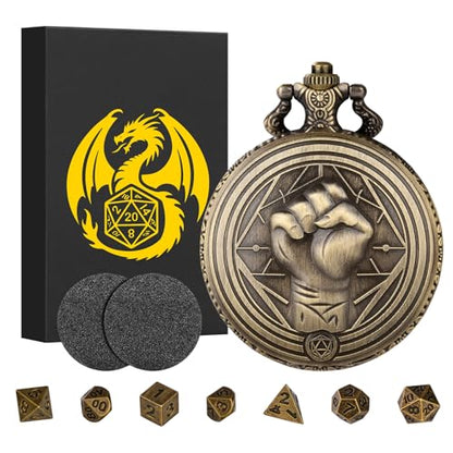 Mini DND Dice Set with Steampunk Monk (Fist) Pocket Watch Case, Tiny 7PCS Polyhedral Metal D&D Dice, DND Gifts with Gift Box, Role Playing Game Board Game Accessories Dice, Bronze - color: Bronze