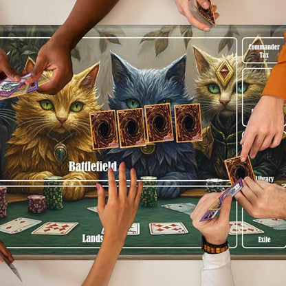 MTG Playmat with Zones, TCG Card Game Play Mat with Stitched Edges, Non-Slip Rubber Base Gaming Desk Mat, Smooth Surface 24 x 14 Inch, Cats Play Poker - color: Cats Play Poker, size: Zone 1