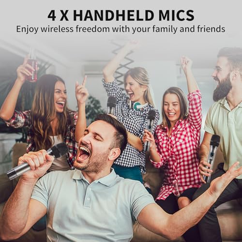 Wireless Microphone System, 4-Channel UHF Wireless Mic, Fixed Frequency Metal Cordless Mic with 4 Handheld Dynamic Microphones, 200ft Range, Mics for Singing, Church (4 Handheld) - size: 4 Handheld