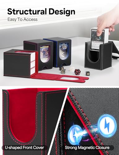 Card Deck Box for MTG Commander, Card Case Holds 100+ Double-Sleeved Cards, Magic Card Box Fits for TCG/PTCG/CCG Card with 2 Dividers (Black&Red) - color: Black&Red