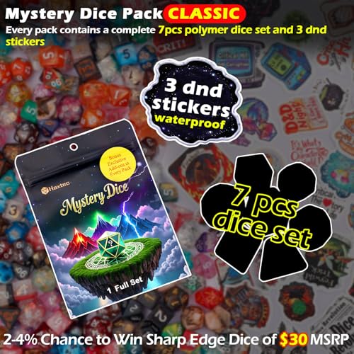 Haxtec Mystery DND Dice Set 7pcs Polyhedral Dice + 3 Funny Waterproof Stickers, Mystery Dice for Dungeons & Dragons, Chance Win Rare Sharp Edge, Great DND Gift, No Duplicates in 2/5 Packs - style: Classic