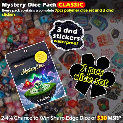 Haxtec Mystery DND Dice Set 7pcs Polyhedral Dice + 3 Funny Waterproof Stickers, Mystery Dice for Dungeons & Dragons, Chance Win Rare Sharp Edge, Great DND Gift, No Duplicates in 2/5 Packs - style: Classic