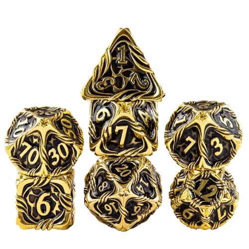 7-Die Metal DND Dice Set Role Playing Dice for RPG Table Games | Vine Design PU Leather Pouch for Dungeons and Dragons - color: Vine-gold Black