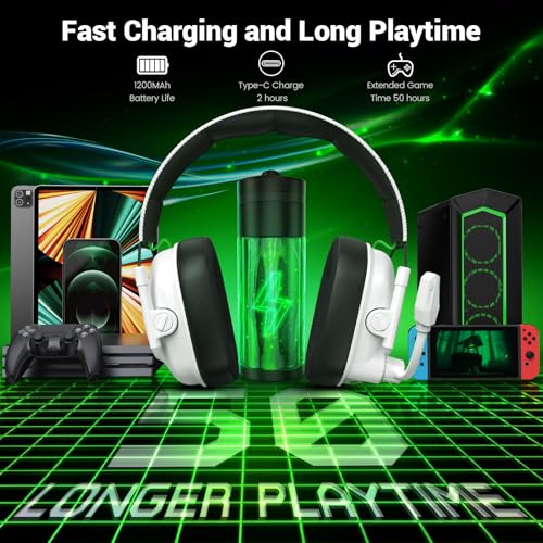 Krysenix Wireless Gaming Headset with Noise Canceling Mic for Xbox, PS5 | Low latency<20ms|Dual Mode (2.4GHz+BT)丨Compatible: PC/PS5/PS4/Switch/Mac/Tablet/Phone丨50H Battery丨Foldable Design - color: White for XBOX
