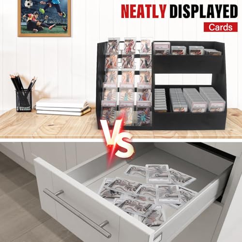 5-Tier Trading Card Display,Large Capacity Card Display Stand with 8-Row Storage & 8 Stoppers + Dividers,Wooden Graded Card Display Holds 200+ PSA BGS SGC Slabs for Sports Card and Game Card Collection - size: 25.7*10.6*16.2in
