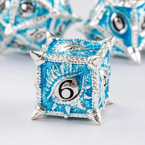 Metal DND Dice Set Blue Dragon Eye Metal Dice Set for Tabletop Games | Leather Storage Bag, DM Gift, for Dungeons and Dragons Role Playing Games - color: Dragon-silver Blue