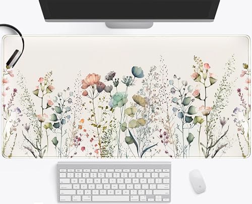Floral Desk Mat Beige Boho Desk Pad, Large Extend Mouse Pad XXL, Cute Minimalist Flowers Keyboard Mat, Esthetics Desktop Mat Laptop Wireless Mouse Mat for Desk, Gift for Women 31.5"x15.75" - color: Off White Flowers
