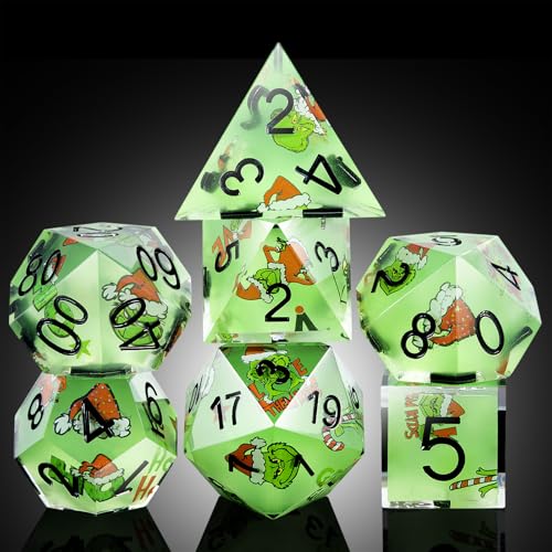 DNDND Full 7 Piece Sharp Edge Dice Set with Carton Stickers for Dungeons and Dragons D&D Table Games (Green with Carton) - color: Carton Green