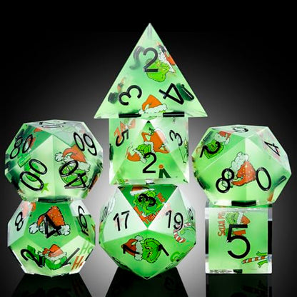 DNDND Full 7 Piece Sharp Edge Dice Set with Carton Stickers for Dungeons and Dragons D&D Table Games (Green with Carton) - color: Carton Green