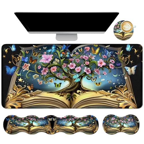 4Pcs Memory Foam Keyboard Mouse Wrist Rest Pad + Gaming Desk Mat 31.5" * 11.8" + Mouse Wrist Cushion + Coasters Set, Non-Slip Desk Pad Protector for Laptop Computer Home, Book Tree - color: Book Tree, size: 4Pcs Memory Foam Pad