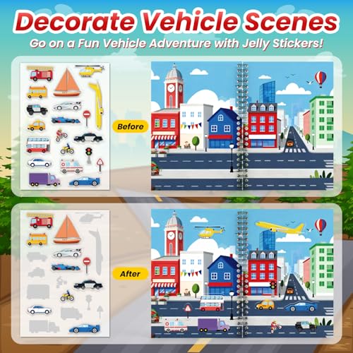 Cars Reusable Sticker Book for Toddlers, DIY Make-a-face Jelly Stickers | Make A Face & Scene Decoration Play, Washable and Reusable Jelly Stickers, Portable Travel Friendly, Airplane Trip Essentials - style: Car