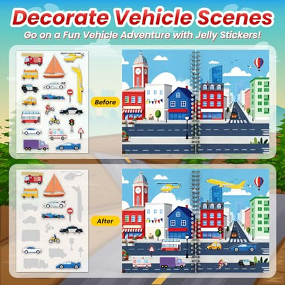 Cars Reusable Sticker Book for Toddlers, DIY Make-a-face Jelly Stickers | Make A Face & Scene Decoration Play, Washable and Reusable Jelly Stickers, Portable Travel Friendly, Airplane Trip Essentials - style: Car