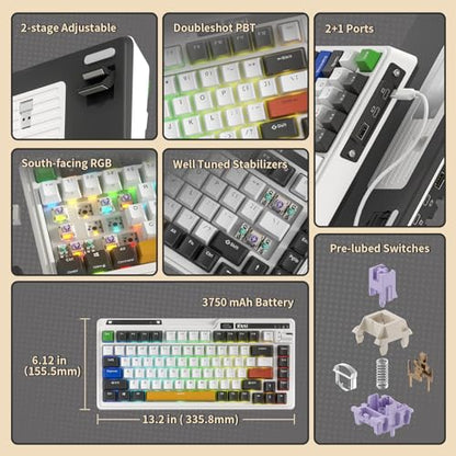 KZZI K75 PRO RGB 75% Wireless Gasket Mechanical Keyboard, Triple Mode BT 5.0/2.4G/USB-C 82 Keys Hot Swappable Gaming Keyboard w/Knob & Power Display, Custom Linear Switches, Black White - color: Arcade Games, size: Moment Linear Switch
