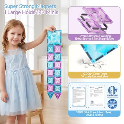 burgkidz Magnetic Travel Tiles for Kids 3-8: 42PCS Large & Small Ice Blue Purple Glitter Blocks – 2-in-1 Storage & Base – 90+ Min Quiet Play, 300+ Builds, 30s Cleanup – Car & Plane Toys for Girls - color: Blue