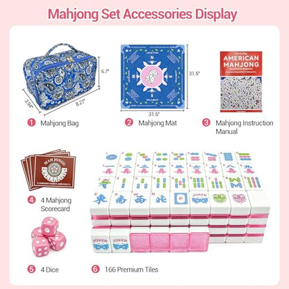 American Mahjong Tile Set, 166 Tiles (1.2”), Cute Mini Tiles-Starlight Pink | Mahjong Tile Set with Carrying Bag, Dice, Mat, Portable Travel Complete Game Set for Home Outdoor Enthusiast Gift - color: Starlight Pink