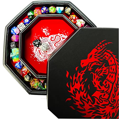 Fantasydice Red Fire Dragon Dice Tray with Wizard Book Print – 9" Octagon with Dice Staging Area, Holds 5 Dice Sets – Perfect for D&D, Call of Cthulhu, Shadowrun, and All Tabletop RPGs - color: Red Dragon Wizard Octagon