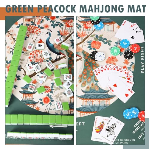 Foilswirl 1 Pcs Mahjong Table Mat Floral Peacock, 33" x 33" Green Chinoiserie Peacock Mahjong Mat Non-Slip Noise Reduction Carrying Bag for Poker Board Card Games Dominoes, Ships Rolled(Luxurious) - style: Luxurious