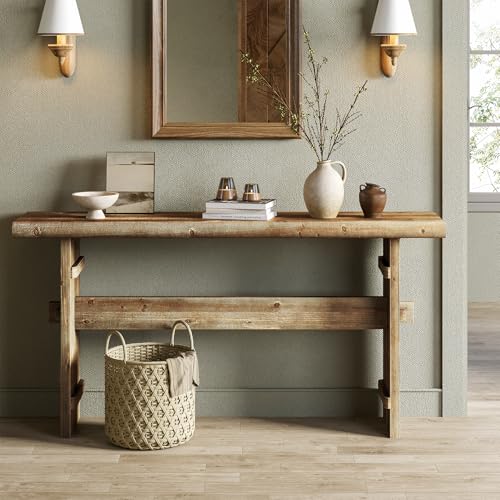 TRIBEWOOD 63-Inch Solid Wood Console Table for Entryway, Narrow Long Farmhouse Sofa Table Behind Couch, for Foyer, Hallway, Living Room, Easy Asswmbly, Brown Greige - color: Greige