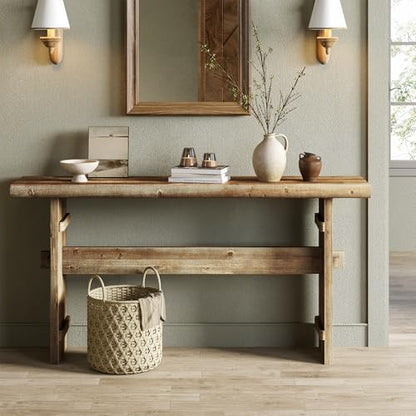 TRIBEWOOD 63-Inch Solid Wood Console Table for Entryway, Narrow Long Farmhouse Sofa Table Behind Couch, for Foyer, Hallway, Living Room, Easy Asswmbly, Brown Greige - color: Greige