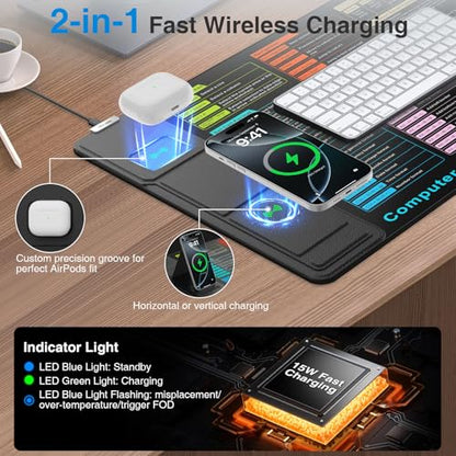 Wireless Charging Mouse Pad with Foldable Phone Holder, 31.5"x15.8" in | XXL Excel Cheat Sheet Desk Mat for Laptop/Keyboard, Waterproof Ultra-Smooth Surface, Non-Slip Base - color: Black Excel-Phone Holder-31.5"x15.8"