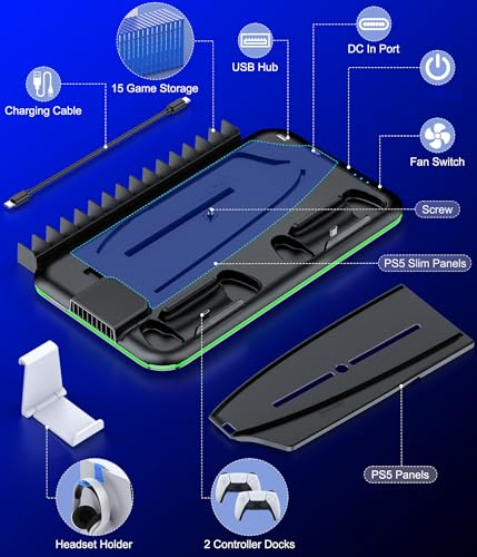 PS5/PS5 Slim Stand and Cooling Station with Controller Charging Station for Playsation 5, PS5 Accessories Kit Incl. 3 Levels Cooling Fan, LED, 15 Game Slot, Headset Holder for PS5 Digital/Disc Console - size: S-for PS5/Slim
