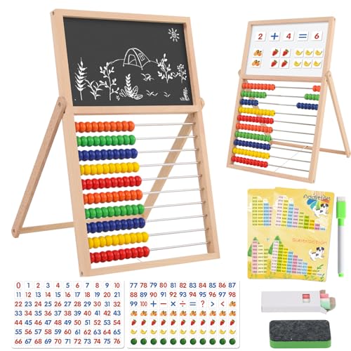 Wooden Abacus Math Games for Kids 5-7 Counting Toys with Double-Sided Board | Wood Abacus Educational Counting Math Manipulatives for 1st 2nd grade with Magnetic Number Cards 1-100