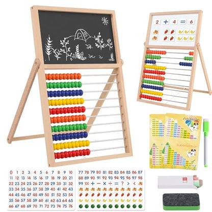 Wooden Abacus Math Games for Kids 5-7 Counting Toys with Double-Sided Board | Wood Abacus Educational Counting Math Manipulatives for 1st 2nd grade with Magnetic Number Cards 1-100