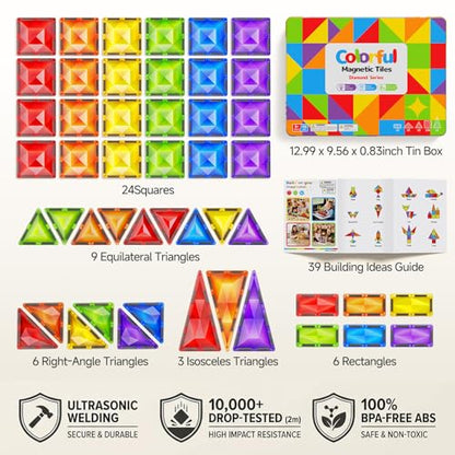 Large Diamond Magnetic Building Tiles: 48 PCS Deluxe 3D Play Blocks | 3x Sparkling Transparent Cut - 7.5cm Big Size STEM Sensory Toy with Tin Box Storage Organizer for Toddlers Age 3-6 Birthday - style: Large Magnetic Tiles - 48PCS