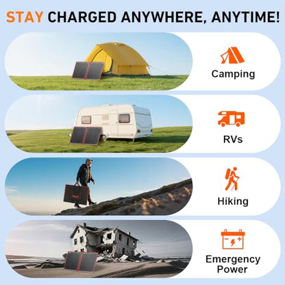 DOKIO 100W Portable Foldable Solar Panel Kit for 12V Battery Charging | Folds to 19 x 26 in and weighs 5.3 lb; includes controller and dual USB; for 12V batteries, power stations and camping.