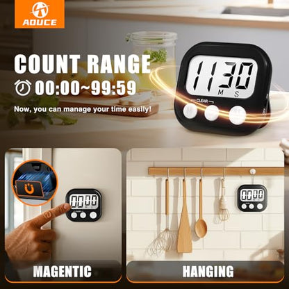 2 Pack Digital Kitchen Timer for Cooking Big Digits Loud Alarm Magnetic Backing Stand Cooking Timers for Baking Black - color: Black