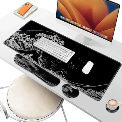 Desk Pad and Keyboard Wrist Rest, Large Mouse Pad + Keyboard Pad+Mouse Wrist Support, Non-Slip Desk Mat Protector for Office, Home 31.5×11.8 Inches Wave - color: Wave
