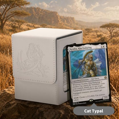 Cat Themed MTG Deck Box with Commander Display (White and Grey) | Holds 120 Single/100 Double-Sleeved Cards, Fit MTG/PTCG/OPTCG Cards, Strong Magnet, PU Leather, With 2 Dividers & 1 Toploader - color: Cat