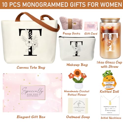 DHQH Birthday Gifts for Women, Monogrammed Gifts Box Included 16 oz Initial Glass Drinking Cup,Canvas Tote Bag, Personalized Iced Coffee Tumbler Gift for Women Her Mom Teacher Friends Sister, T - color: letter-cup-t