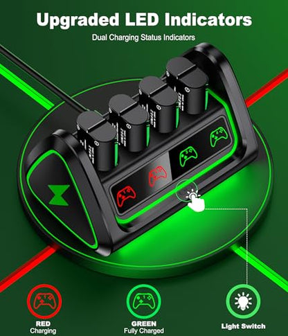Upgraded Fast Charging Rechargeable Battery Packs with Light Control, 4 x 4080mWh Replacement Batteries with Charger Dock for Xbox Series X|S, One S/X/Elite Controllers, Cases and Storage,M Sets - size: M-Essential (4080mWh)