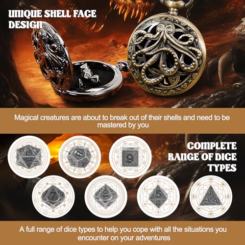 D&D Dice Set,7PCS Metal Dice for Dungeons and Dragons,Mini Dice Set with Pocket Watch Case,Role Playing Board Games Accessories (Octopus, Black) - color: Black, style: Octopus