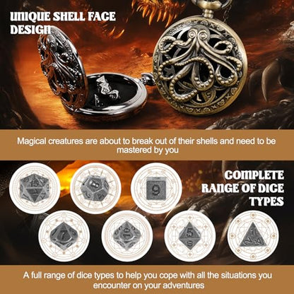 D&D Dice Set,7PCS Metal Dice for Dungeons and Dragons,Mini Dice Set with Pocket Watch Case,Role Playing Board Games Accessories (Octopus, Black) - color: Black, style: Octopus