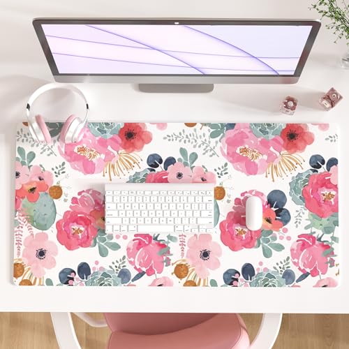 QIYI Large Mouse Pad, Pink Floral Desk Mat for Desktop, Women Girls PU Leather Waterproof Gaming Mousepad, Computer Laptop Desk Accessories Protector Writing Pads for School Office Home 31.5" x 15.7" - color: Watercolor Pink Flowers, size: 31.5" x 15.7"