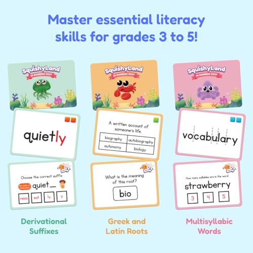 The Fidget Game SquishyLand Expansion Card Packs, Grades 3 to 5 | Literacy Skill Flash Cards, Reading Cards on Syllables, Suffixes, and Roots, Multisensory Game for Classroom & Home