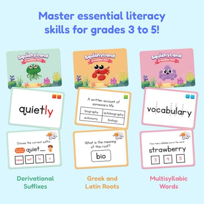 The Fidget Game SquishyLand Expansion Card Packs, Grades 3 to 5 | Literacy Skill Flash Cards, Reading Cards on Syllables, Suffixes, and Roots, Multisensory Game for Classroom & Home